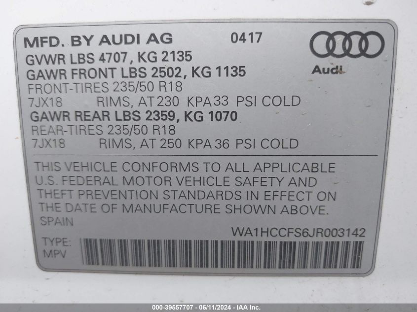 2018 Audi Q3 2.0T Premium/2.0T Sport Premium VIN: WA1HCCFS6JR003142 Lot: 39557707