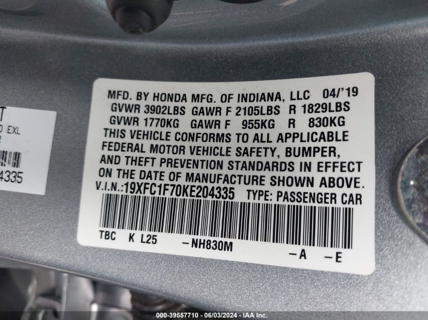 2019 Honda Civic Ex-L VIN: 19XFC1F70KE204335 Lot: 39557710