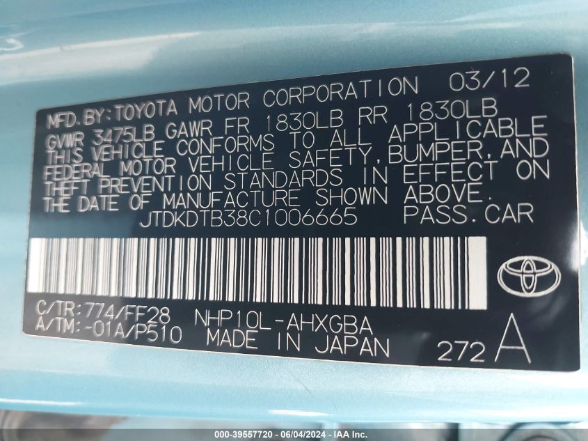 2012 Toyota Prius C Three VIN: JTDKDTB38C1006665 Lot: 39557720