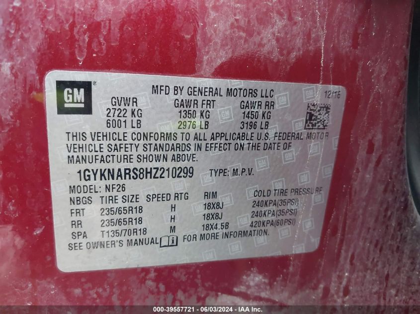 2017 Cadillac Xt5 Standard VIN: 1GYKNARS8HZ210299 Lot: 39557721