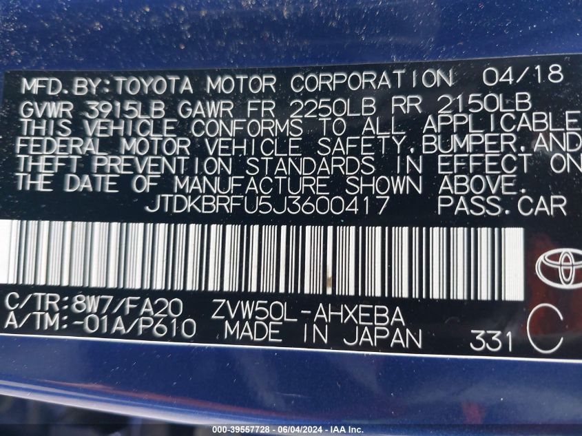 2018 Toyota Prius Two VIN: JTDKBRFU5J3600417 Lot: 39557728