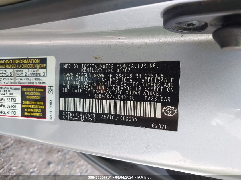 2007 Toyota Camry Hybrid VIN: 4T1BB46K77U010140 Lot: 39557731