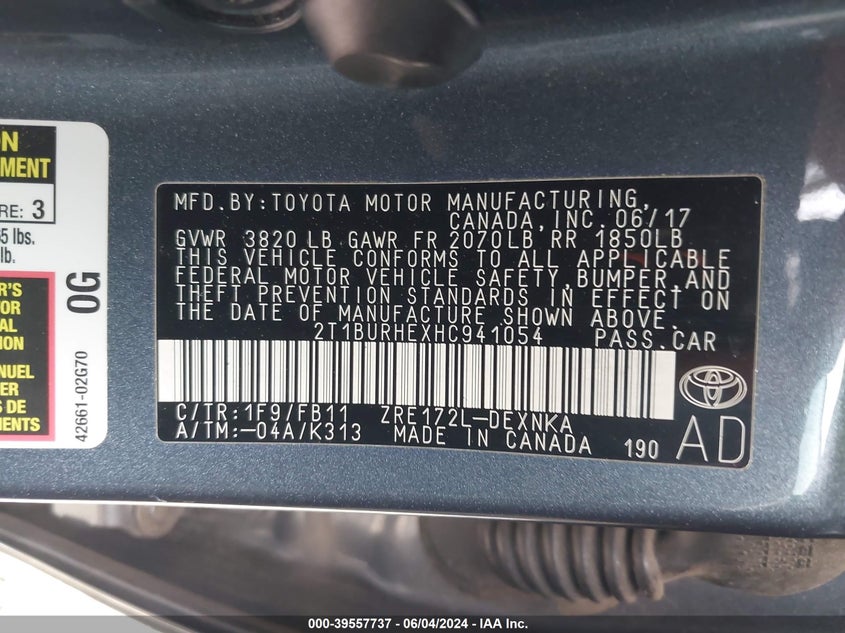 2017 Toyota Corolla Le VIN: 2T1BURHEXHC941054 Lot: 39557737