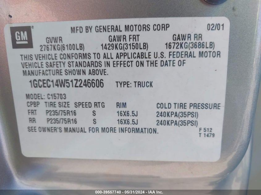 2001 Chevrolet Silverado 1500 VIN: 1GCEC14W51Z246606 Lot: 39557740