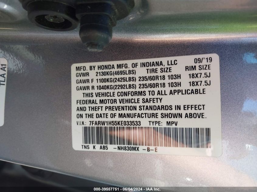 2019 Honda Cr-V Ex VIN: 7FARW1H55KE033533 Lot: 39557751