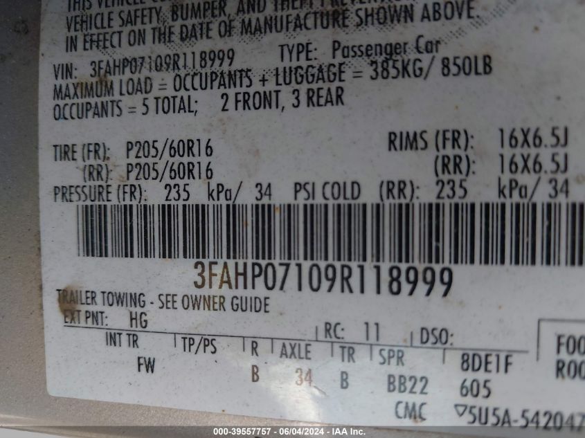 2009 Ford Fusion Se VIN: 3FAHP07109R118999 Lot: 39557757