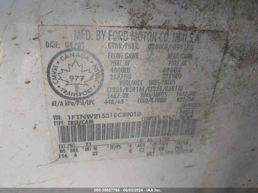 2001 Ford F-250 Lariat/Xl/Xlt VIN: 1FTNW21S31EC89010 Lot: 39557764
