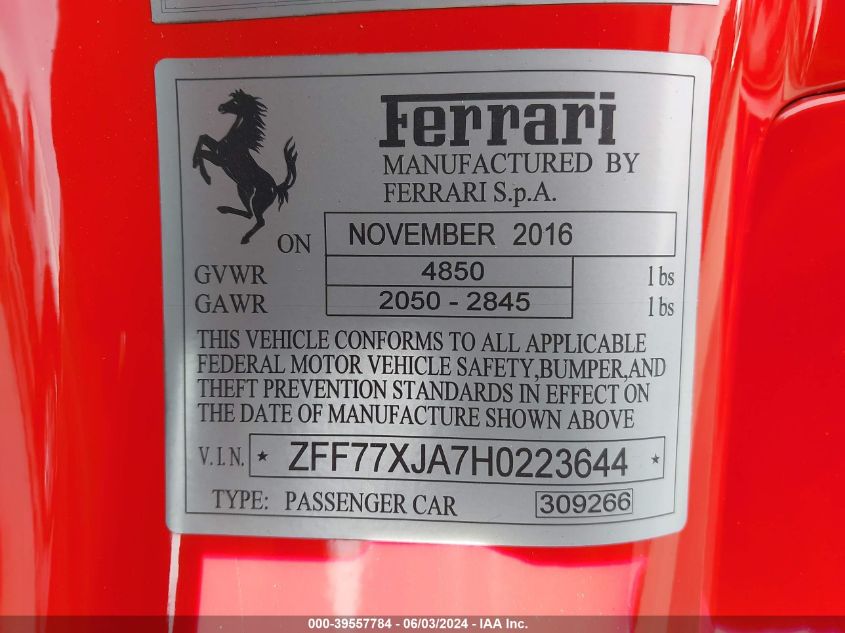 2017 Ferrari California T VIN: ZFF77XJA7H0223644 Lot: 39557784