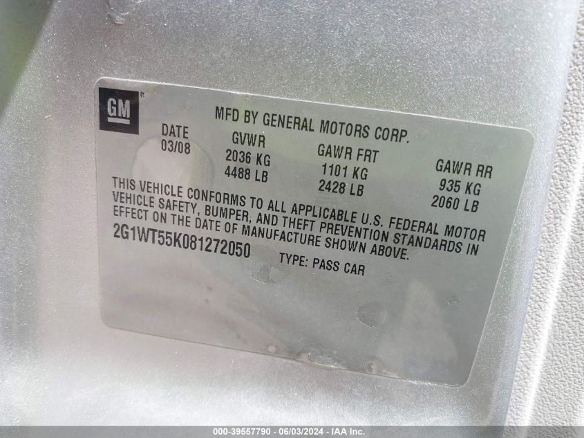 2008 Chevrolet Impala Lt VIN: 2G1WT55K081272050 Lot: 39557790
