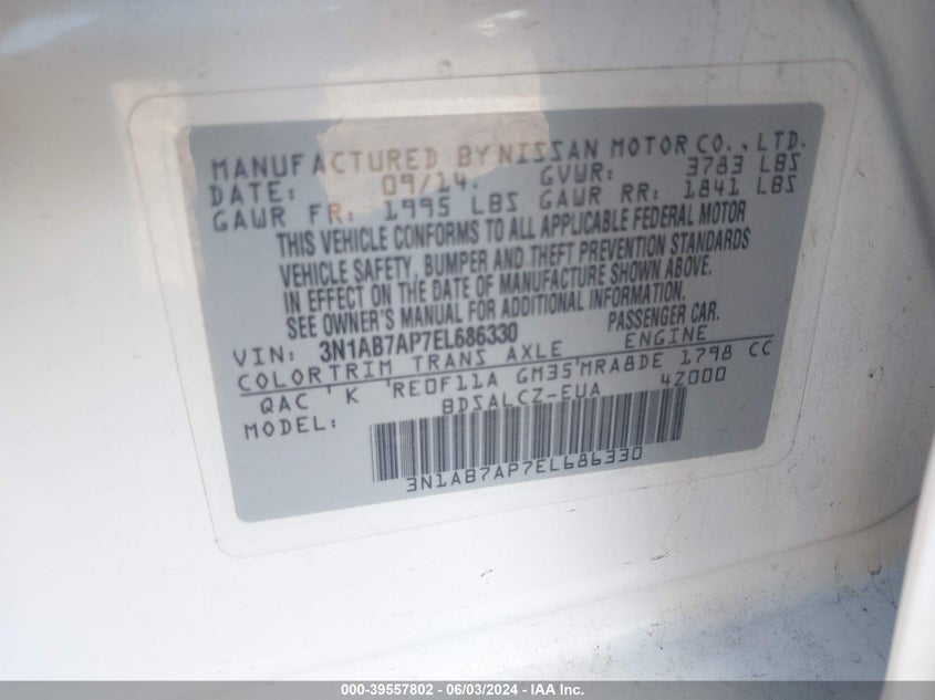 2014 Nissan Sentra S VIN: 3N1AB7AP7EL686330 Lot: 39557802