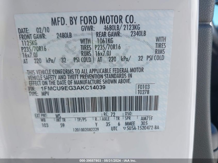 1FMCU9EG3AKC14039 2010 Ford Escape Limited