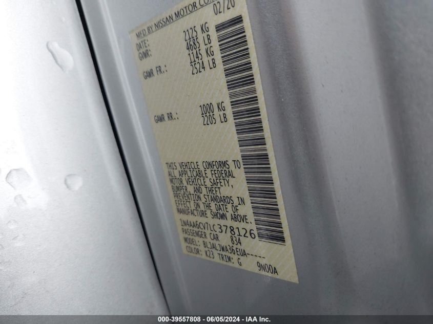 2020 Nissan Maxima Sv Xtronic Cvt VIN: 1N4AA6CV7LC378126 Lot: 39557808