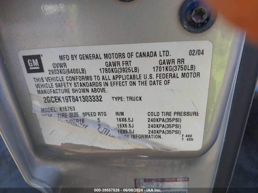 2004 Chevrolet Silverado 1500 Ls VIN: 2GCEK19T841303332 Lot: 39557826