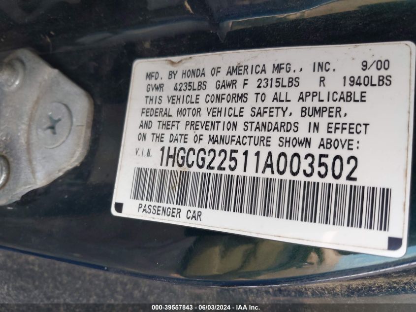 2001 Honda Accord 3.0 Ex VIN: 1HGCG22511A003502 Lot: 39557843