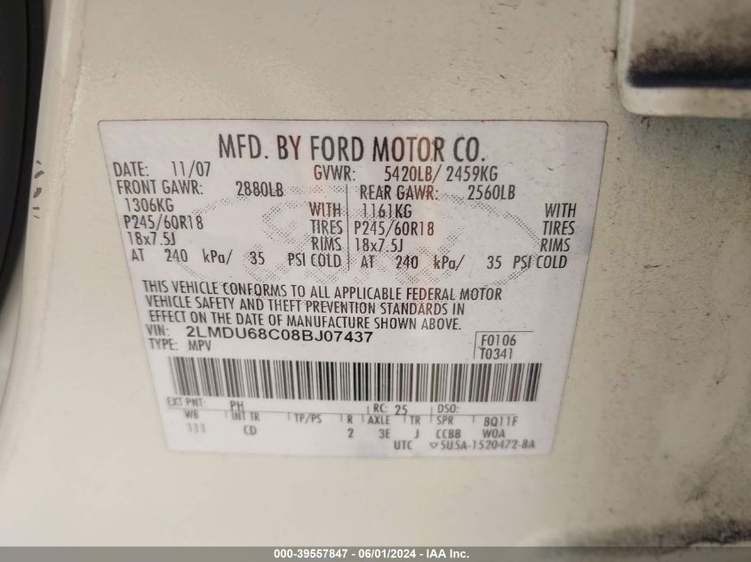 2008 Lincoln Mkx VIN: 2LMDU68C08BJ07437 Lot: 39557847