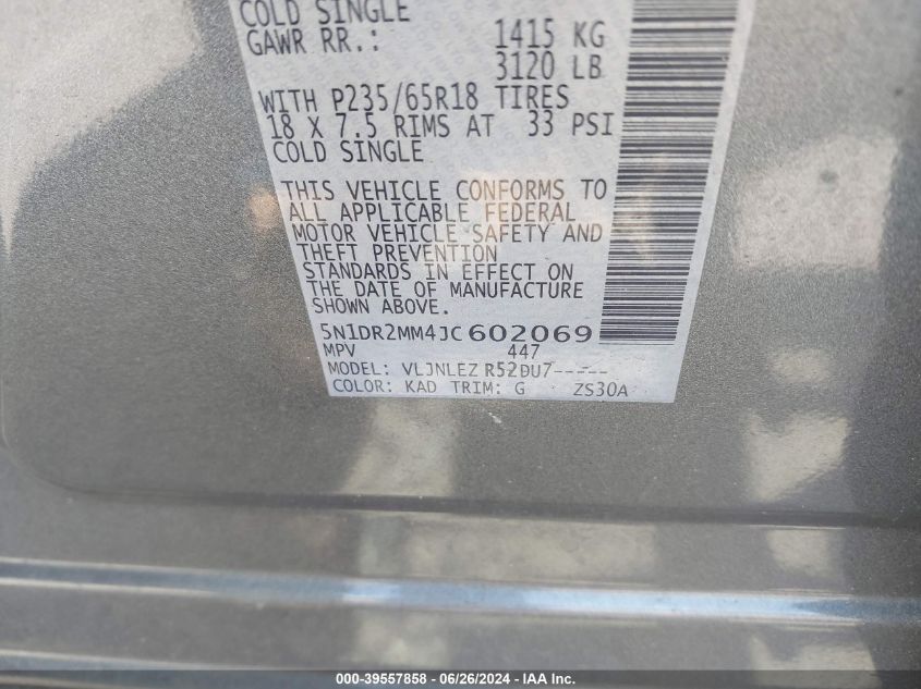 2018 Nissan Pathfinder S/Sv/Sl/Platinum VIN: 5N1DR2MM4JC602069 Lot: 39557858