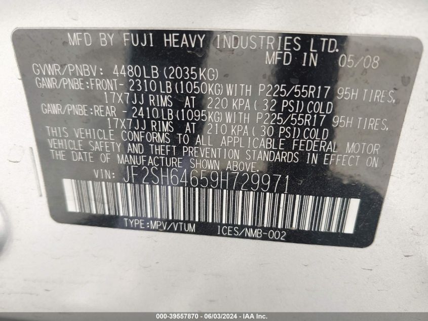 2009 Subaru Forester 2.5X Limited VIN: JF2SH64659H729971 Lot: 39557870
