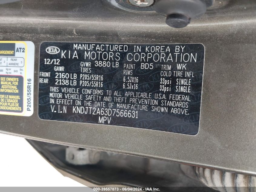 2013 Kia Soul + VIN: KNDJT2A63D7566631 Lot: 39557873