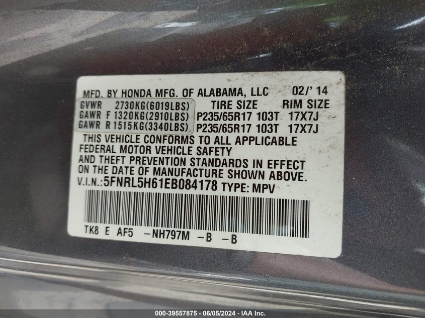 2014 Honda Odyssey Ex-L VIN: 5FNRL5H61EB084178 Lot: 39557875