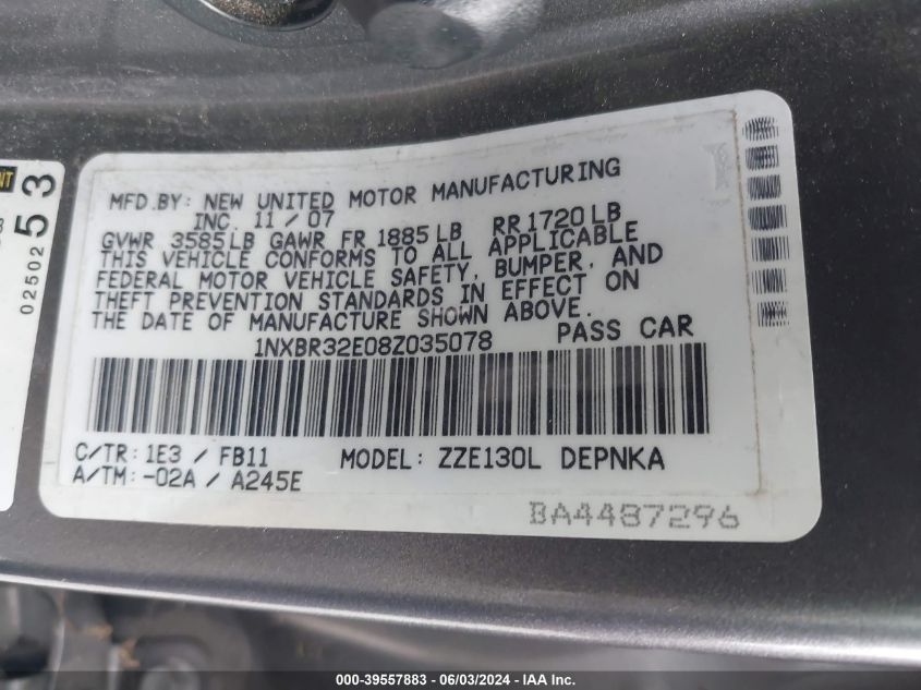 2008 Toyota Corolla Le VIN: 1NXBR32E08Z035078 Lot: 39557883