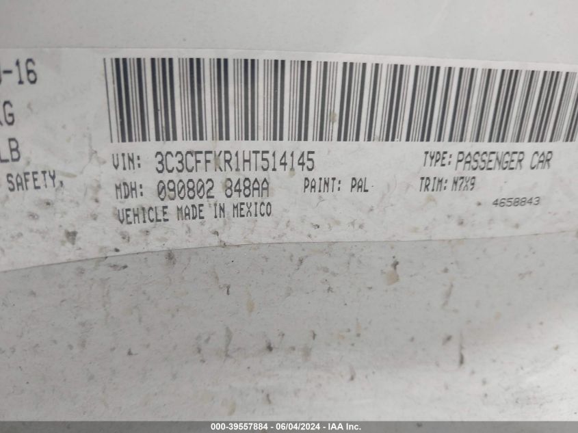 2017 Fiat 500 Pop VIN: 3C3CFFKR1HT514145 Lot: 39557884