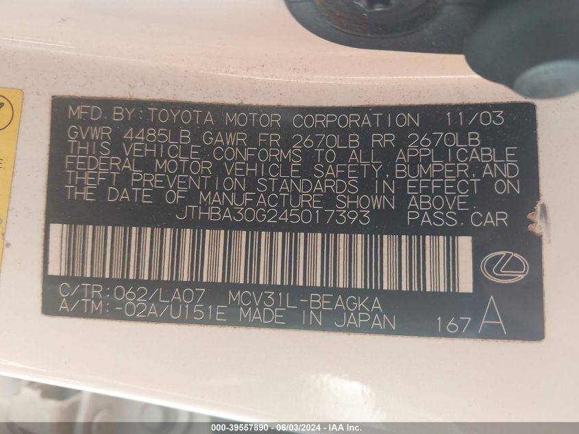 2004 Lexus Es 330 VIN: JTHBA30G245017393 Lot: 39557890