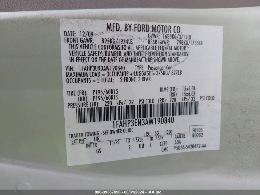 2010 Ford Focus S VIN: 1FAHP3EN3AW190840 Lot: 39557896