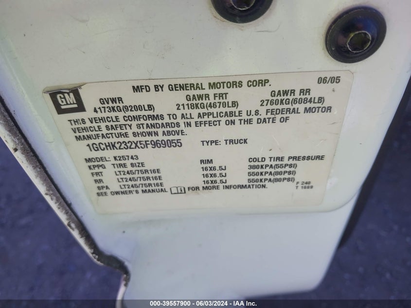 2005 Chevrolet Silverado 2500Hd Lt VIN: 1GCHK232X5F969055 Lot: 39557900