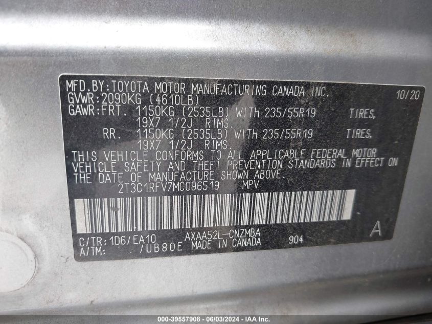 2021 Toyota Rav4 Xle Premium VIN: 2T3C1RFV7MC096519 Lot: 39557908