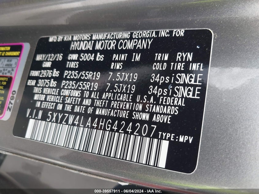 2017 Hyundai Santa Fe Sport 2.0T Ultimate VIN: 5XYZW4LA4HG424207 Lot: 39557911