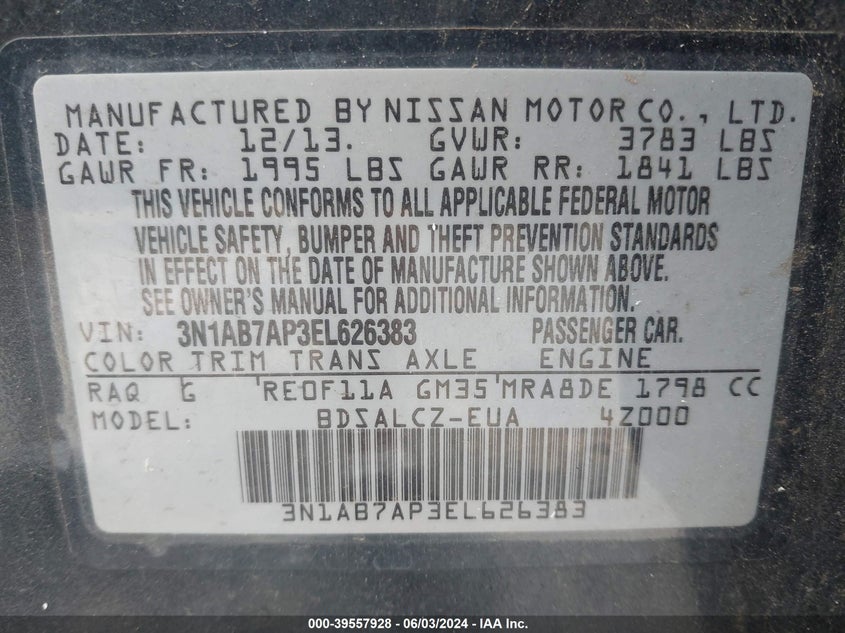 2014 Nissan Sentra S VIN: 3N1AB7AP3EL626383 Lot: 39557928