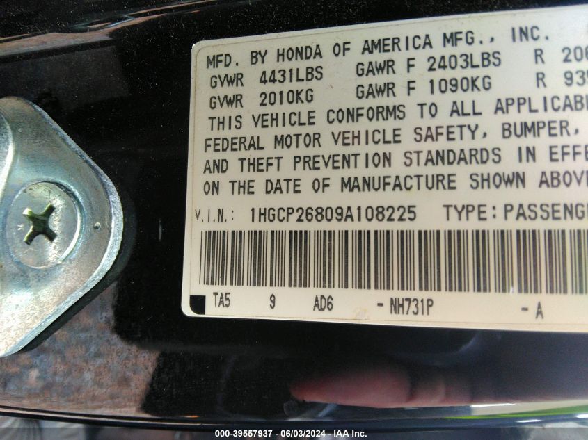 2009 Honda Accord 2.4 Ex-L VIN: 1HGCP26809A108225 Lot: 39557937