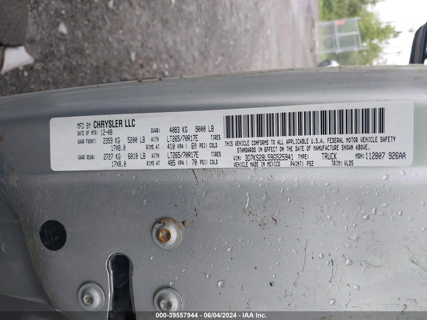 2009 Dodge Ram 2500 Laramie VIN: 3D7KS28L59G525941 Lot: 39557944