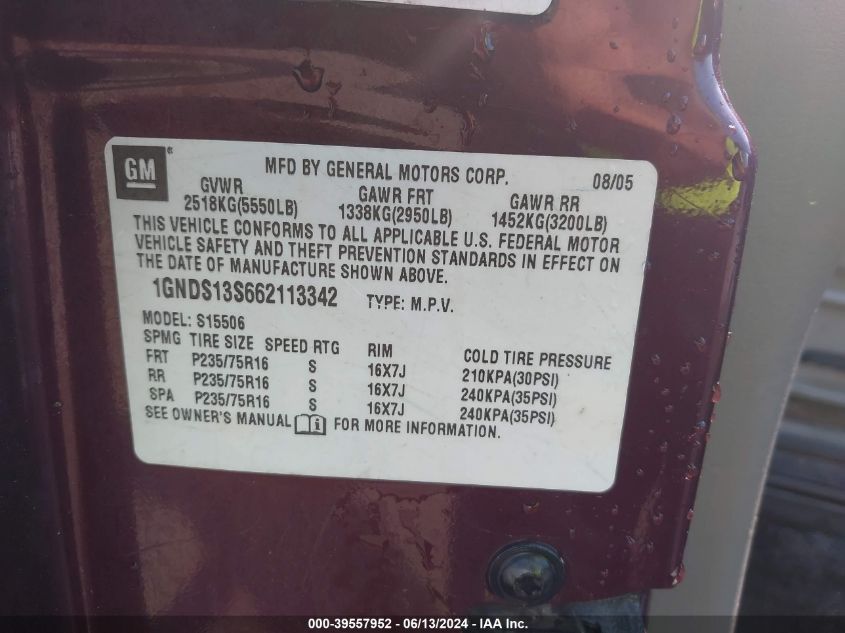 2006 Chevrolet Trailblazer Ls VIN: 1GNDS13S662113342 Lot: 39557952