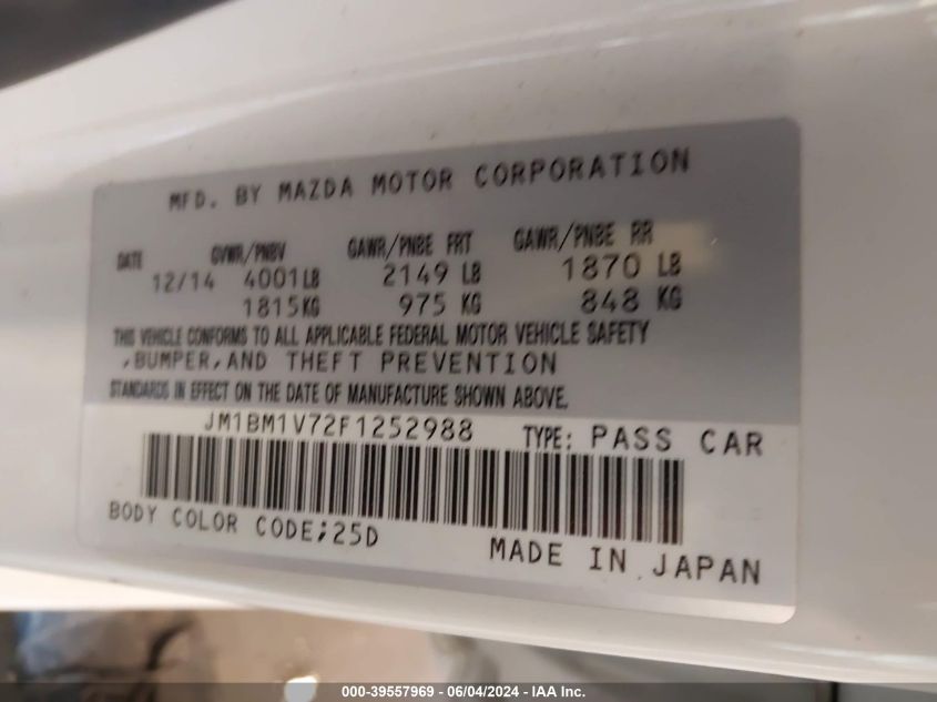 2015 Mazda Mazda3 I Touring VIN: JM1BM1V72F1252988 Lot: 39557969