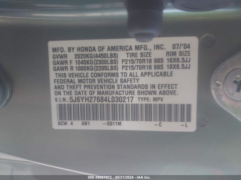 2004 Honda Element Ex VIN: 5J6YH27684L030217 Lot: 39557972