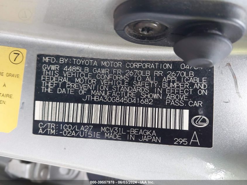 2004 Lexus Es 330 VIN: JTHBA30G845041682 Lot: 39557978