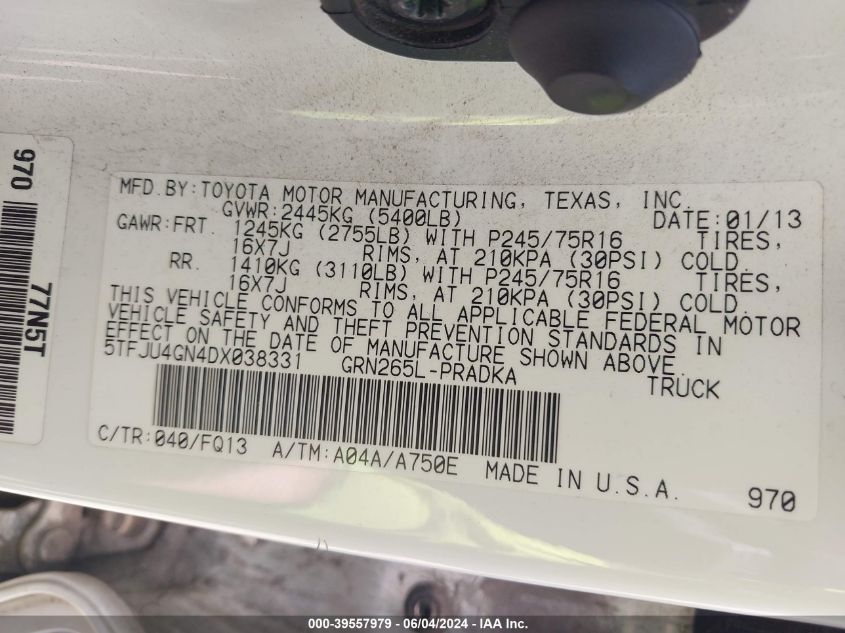 2013 Toyota Tacoma Prerunner V6 VIN: 5TFJU4GN4DX038331 Lot: 39557979