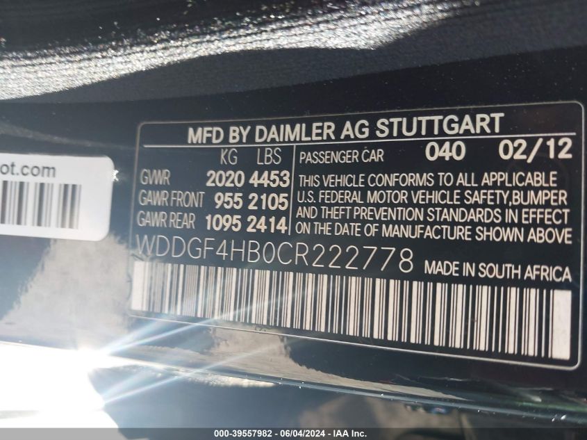 2012 Mercedes-Benz C 250 Luxury/Sport VIN: WDDGF4HB0CR222778 Lot: 39557982