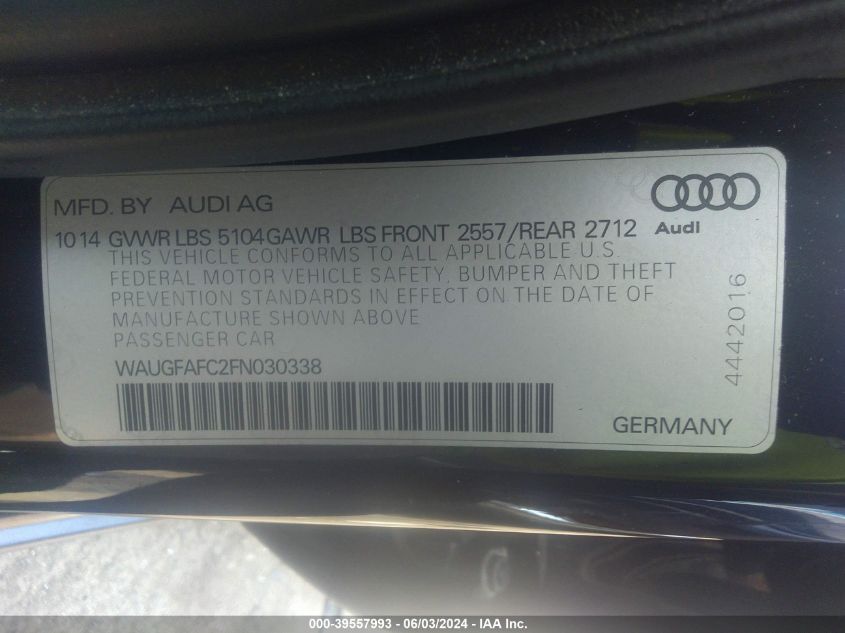 2015 Audi A6 2.0T Premium VIN: WAUGFAFC2FN030338 Lot: 39557993