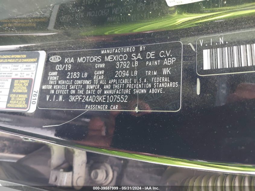 2019 Kia Forte Lxs VIN: 3KPF24AD3KE107552 Lot: 39557999