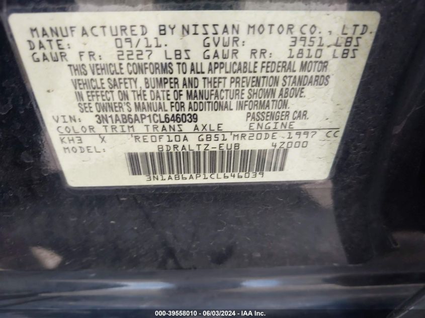 2012 Nissan Sentra 2.0 S VIN: 3N1AB6AP1CL646039 Lot: 39558010