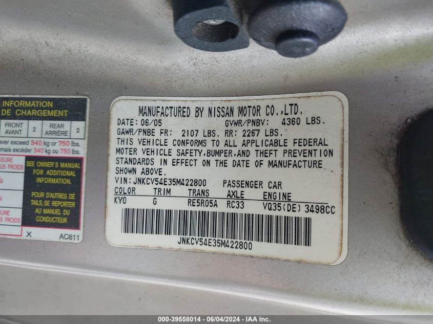 2005 Infiniti G35 VIN: JNKCV54E35M422800 Lot: 39558014
