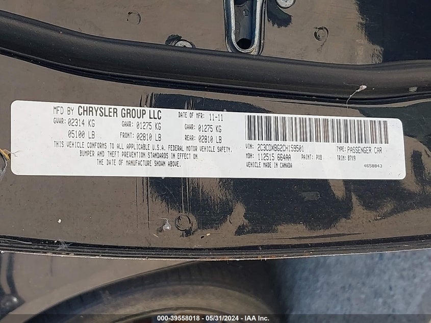 2012 Dodge Charger Se VIN: 2C3CDXBG2CH159501 Lot: 39558018