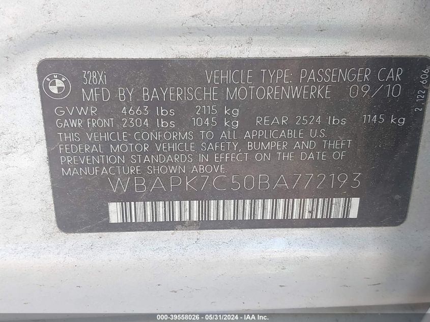 2011 BMW 328I xDrive VIN: WBAPK7C50BA772193 Lot: 39558026