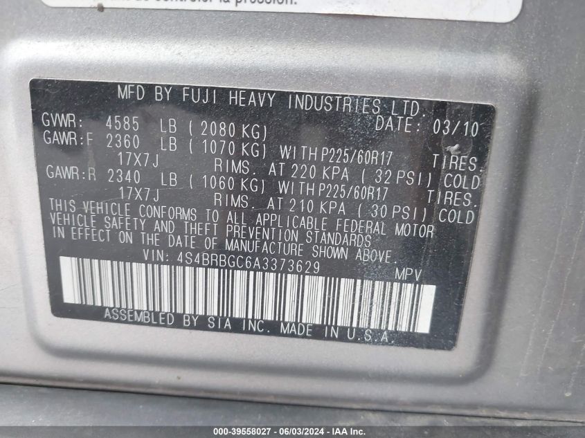 2010 Subaru Outback 2.5I Premium VIN: 4S4BRBGC6A3373629 Lot: 39558027