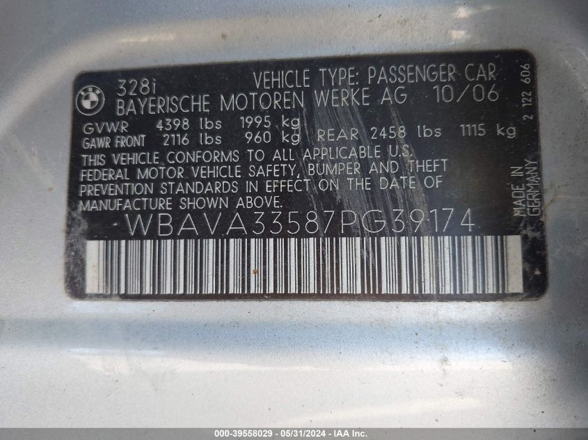2007 BMW 328I 328I VIN: WBAVA33587PG39174 Lot: 39558029