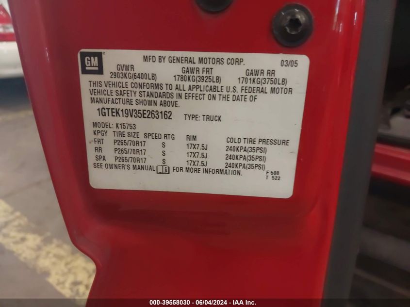 2005 GMC Sierra 1500 Sle VIN: 1GTEK19V35E263162 Lot: 39558030