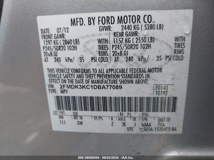 2013 Ford Edge Limited VIN: 2FMDK3KC1DBA77089 Lot: 39558084