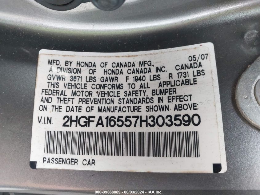 2007 Honda Civic Lx VIN: 2HGFA16557H303590 Lot: 39558089